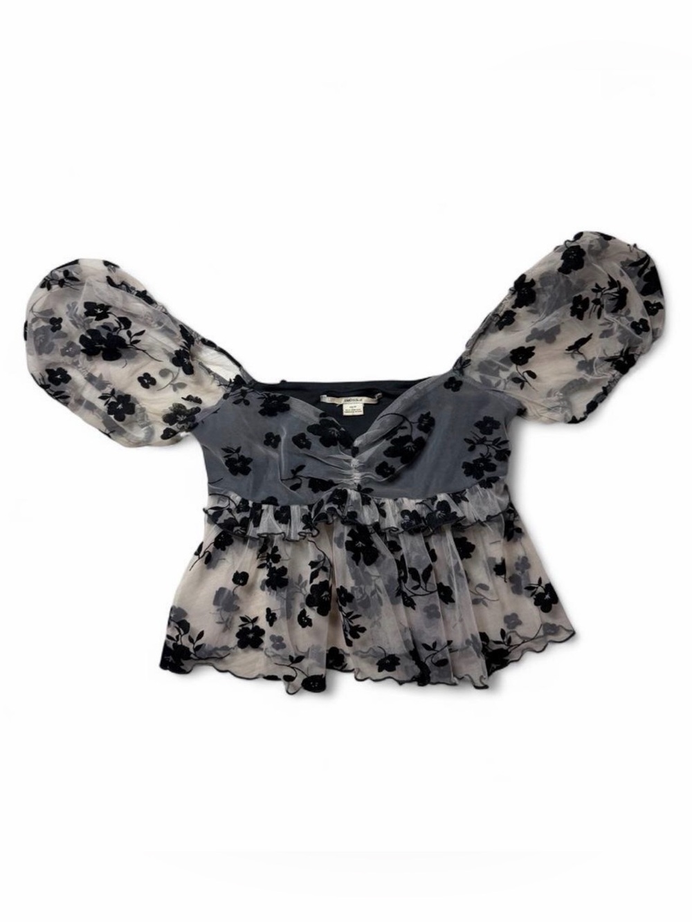 Kimchi Blue Urban Outfitters XS Black Floral Flocked Mesh Puff Sleeve Crop Top
